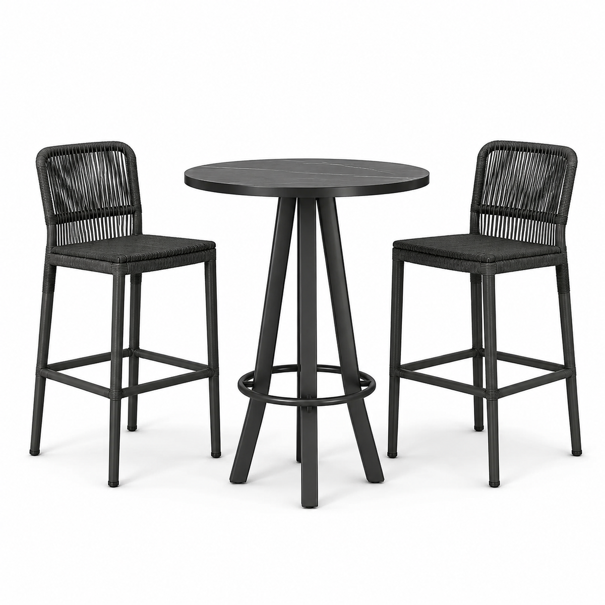 3-teiliges Bartisch-Set mit rundem Tisch Ø 80 × 95 cm und 2 Barstühlen 46 × 50 × 103 cm, Metall und Kunstfasergeflecht, Schwarz