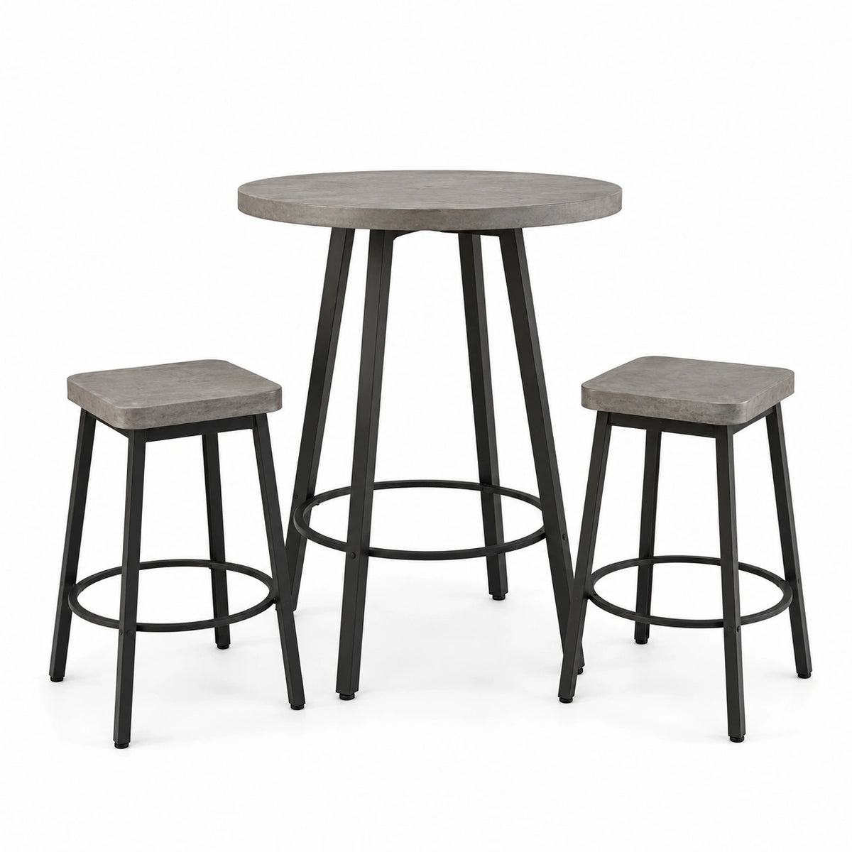 3-teiliges Bartisch-Set mit rundem Tisch Ø 90 × 90 cm und 2 Barhockern je 40 × 40 × 60 cm, Grau und Schwarz