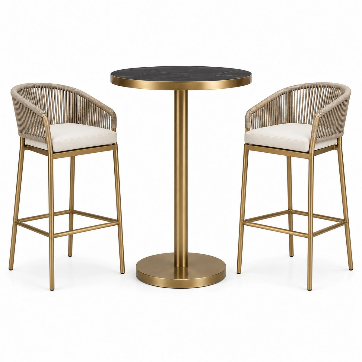 3-teiliges Bartisch-Set mit rundem Tisch Ø 80 × H 105 cm und 2 Barstühlen 55 × 56 × 100 cm – Schwarz, Goldfarben, Beige und Cremeweiß