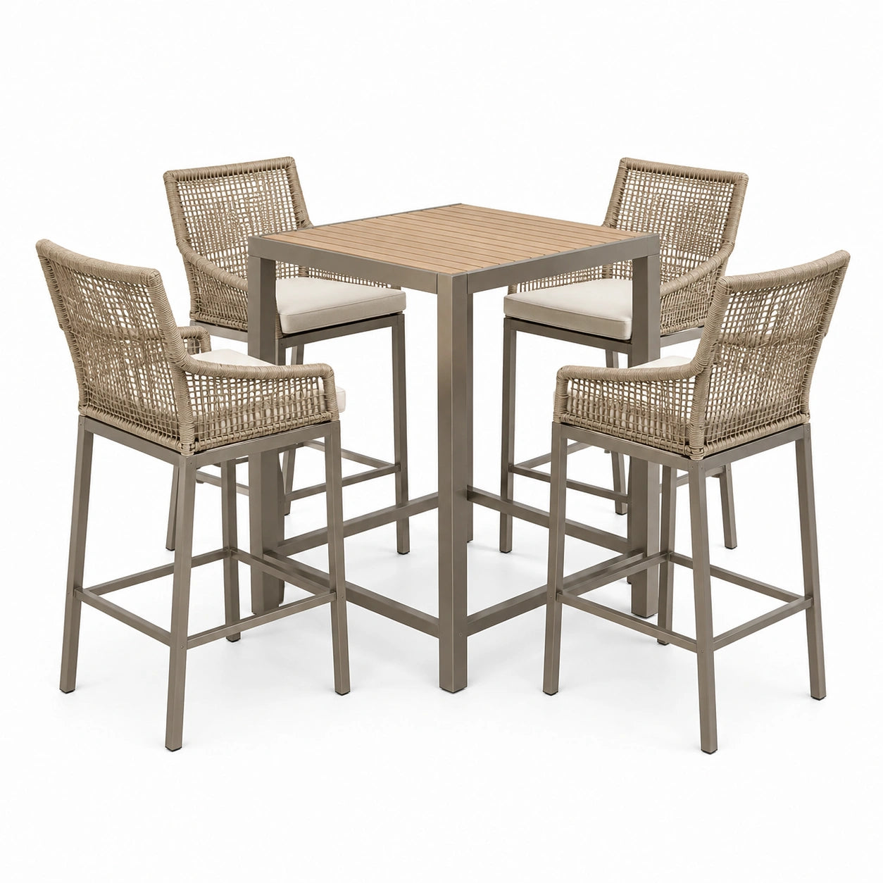 5-teiliges Gartenbar-Set in Taupe, Beige und Braun, Bartisch 90 × 90 × 95 cm, 4 Barstühle 58 × 60 × 112 cm