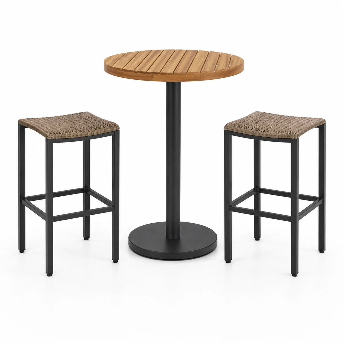 3-teiliges Garten-Barmöbel-Set mit Stehtisch Ø 70 × 95 cm und 2 Barhockern 40 × 40 × 75 cm, Braun, Taupe und Schwarz