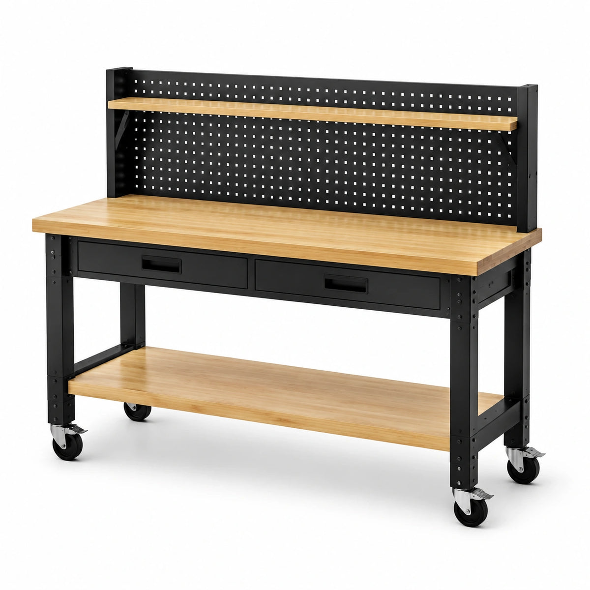 Mobile Werkbank mit Lochwand, 2 Schubladen, 2 Ablagen und 4 Rollen, 150 × 60 × 155 cm, Schwarz/Natur