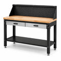 Werkbank aus Stahl und Holz, 120 × 60 × 150 cm, Schwarz, Natur und Silber, mit Lochwand, 2 Schubladen und Ablage