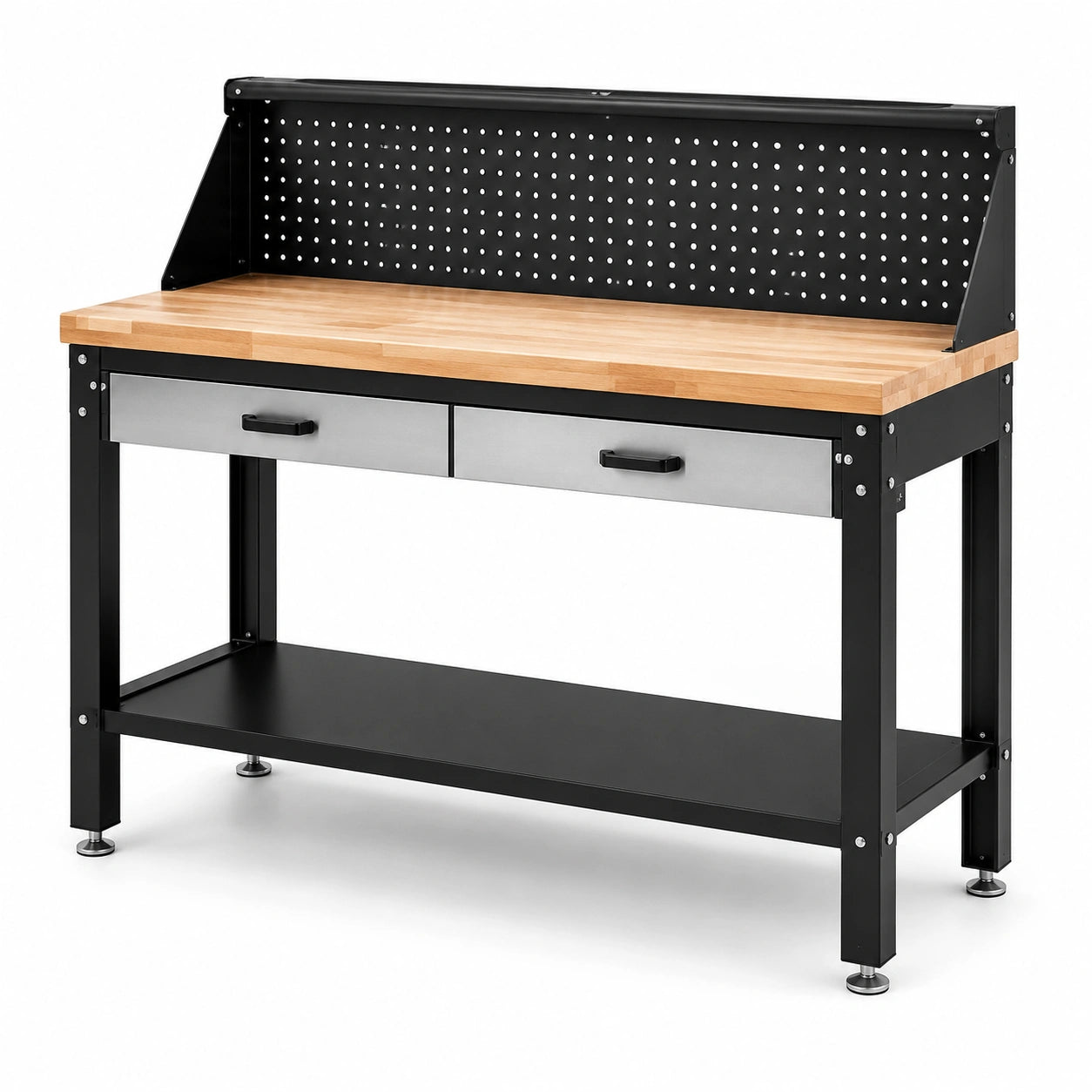 Werkbank aus Stahl und Holz, 120 × 60 × 150 cm, Schwarz, Natur und Silber, mit Lochwand, 2 Schubladen und Ablage
