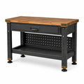 Werkbank aus Holz und Stahl 120 × 60 × 90 cm, Braun, Schwarz und Messingfarben, mit Schublade und Ablage