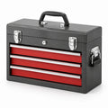Abschließbarer Stahl-Werkzeugkasten mit 3 Schubladen und Tragegriffen, 52 × 22 × 39 cm, Schwarz-Rot-Silber