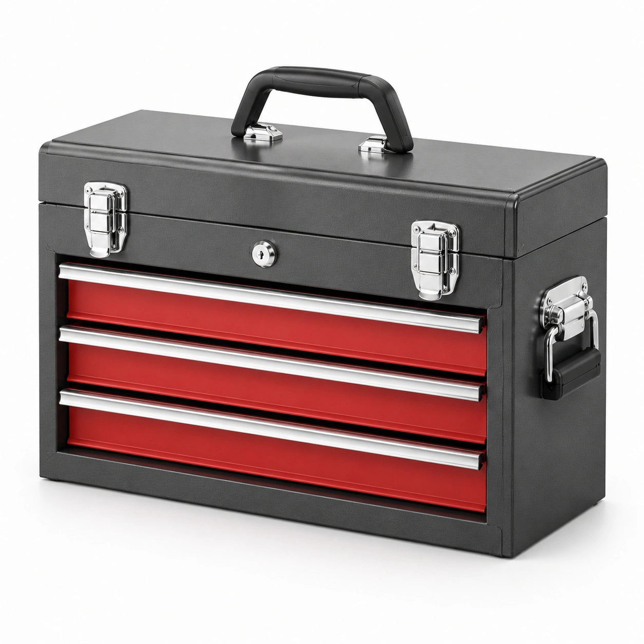 Abschließbarer Stahl-Werkzeugkasten mit 3 Schubladen und Tragegriffen, 52 × 22 × 39 cm, Schwarz-Rot-Silber
