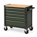 Mobiler Werkzeugschrank mit 5 Schubladen, Rollen und Bambus-Arbeitsplatte, 77 × 46 × 89 cm, Dunkelgrün, Schwarz und Natur
