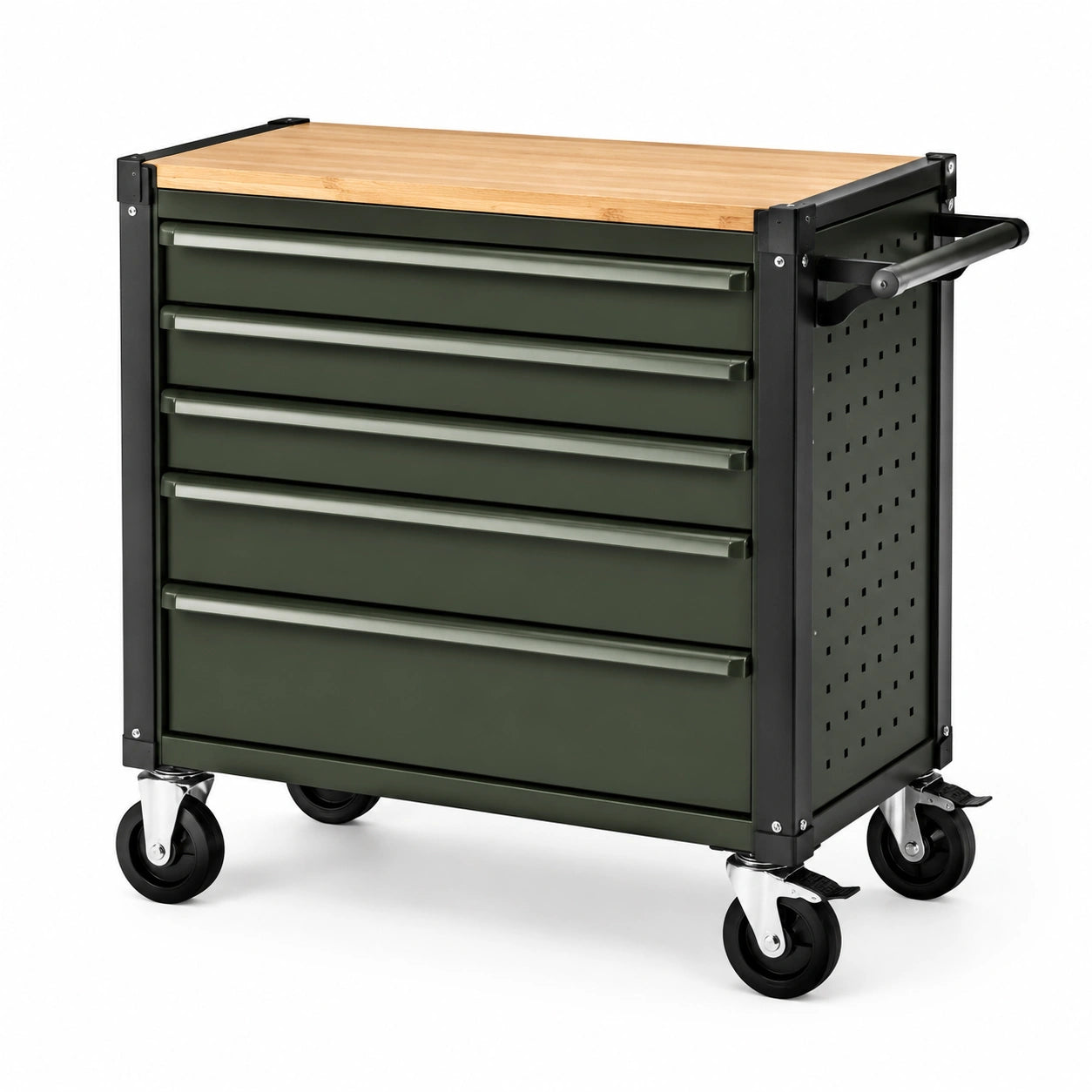 Mobiler Werkzeugschrank mit 5 Schubladen, Rollen und Bambus-Arbeitsplatte, 77 × 46 × 89 cm, Dunkelgrün, Schwarz und Natur