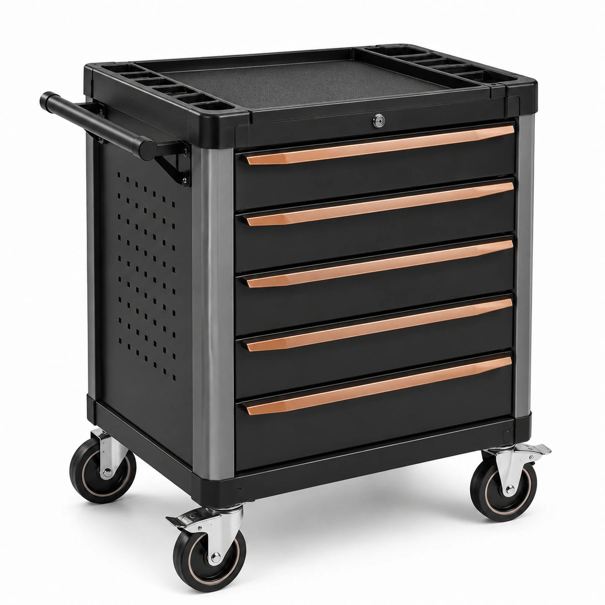 Abschließbarer Werkzeugwagen aus Stahl mit 5 Schubladen und 4 Lenkrollen, 77 × 47 × 90 cm, Schwarz/Kupfer/Grau