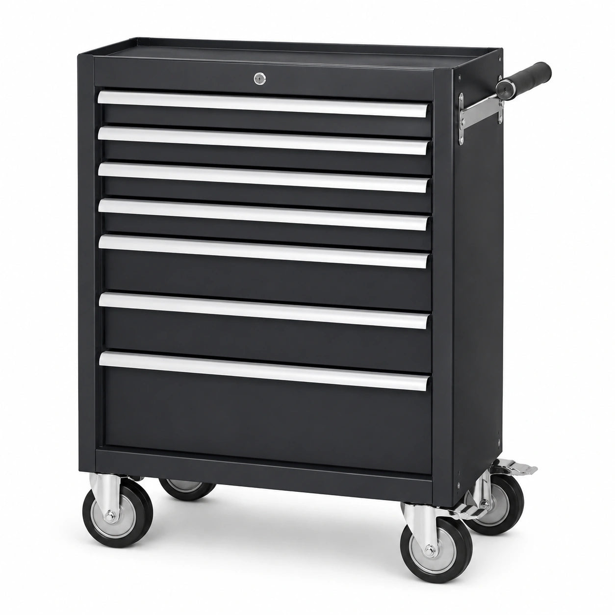 Mobiler Werkzeugwagen aus Stahl mit 7 abschließbaren Schubladen, 70 × 33 × 78 cm, Schwarz/Silber