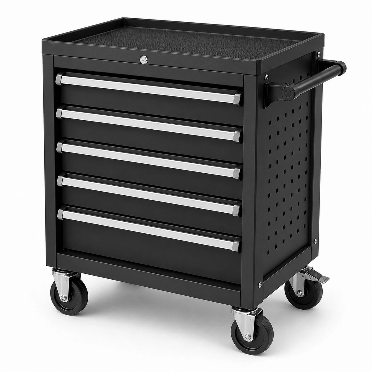 Mobiler Werkstattwagen aus Stahl mit 5 Schubladen, 69 × 33 × 77 cm, Schwarz/Silber