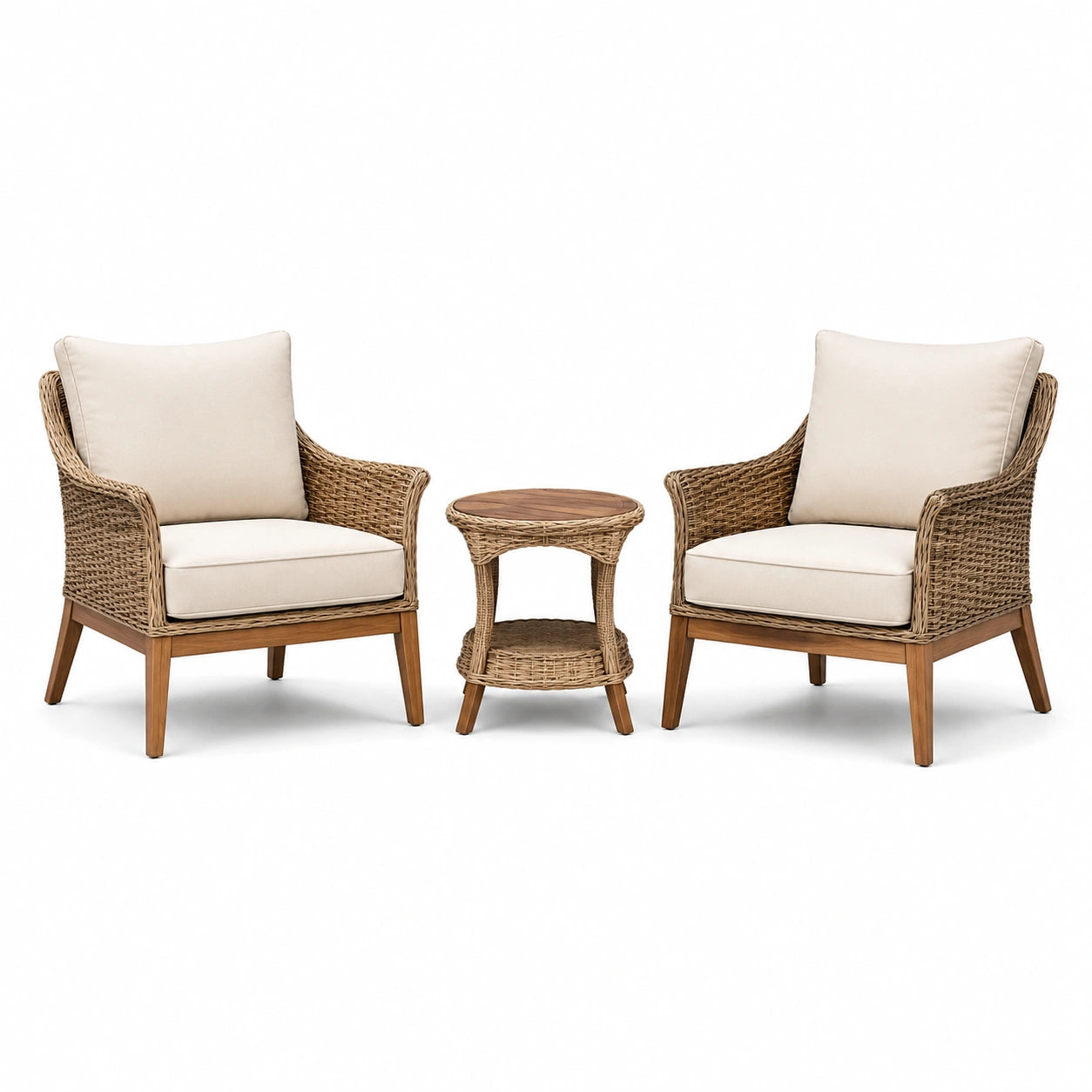 3-teiliges Gartenmöbel-Set mit 2 Sesseln 74 × 78 × 91 cm und Beistelltisch Ø 50 × 55 cm, Natur, Creme und Braun
