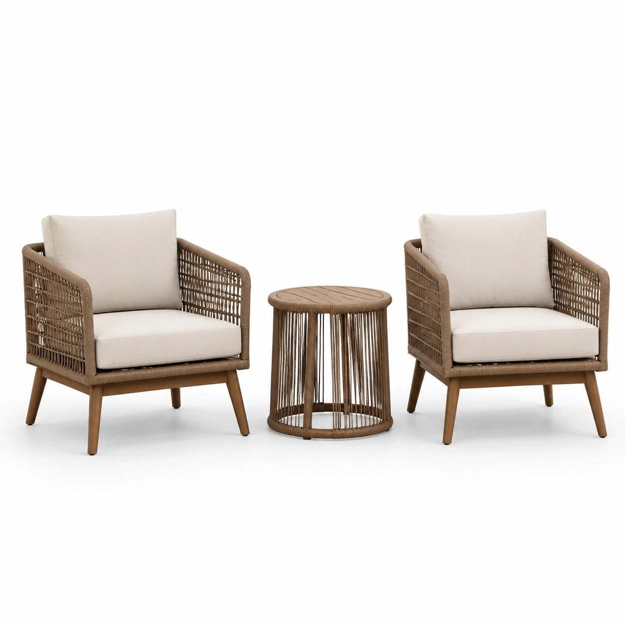 3-teilige Garten-Sitzgruppe mit 2 Sesseln 72 × 76 × 82 cm und rundem Beistelltisch Ø 50 × H 50 cm, Braun und Creme