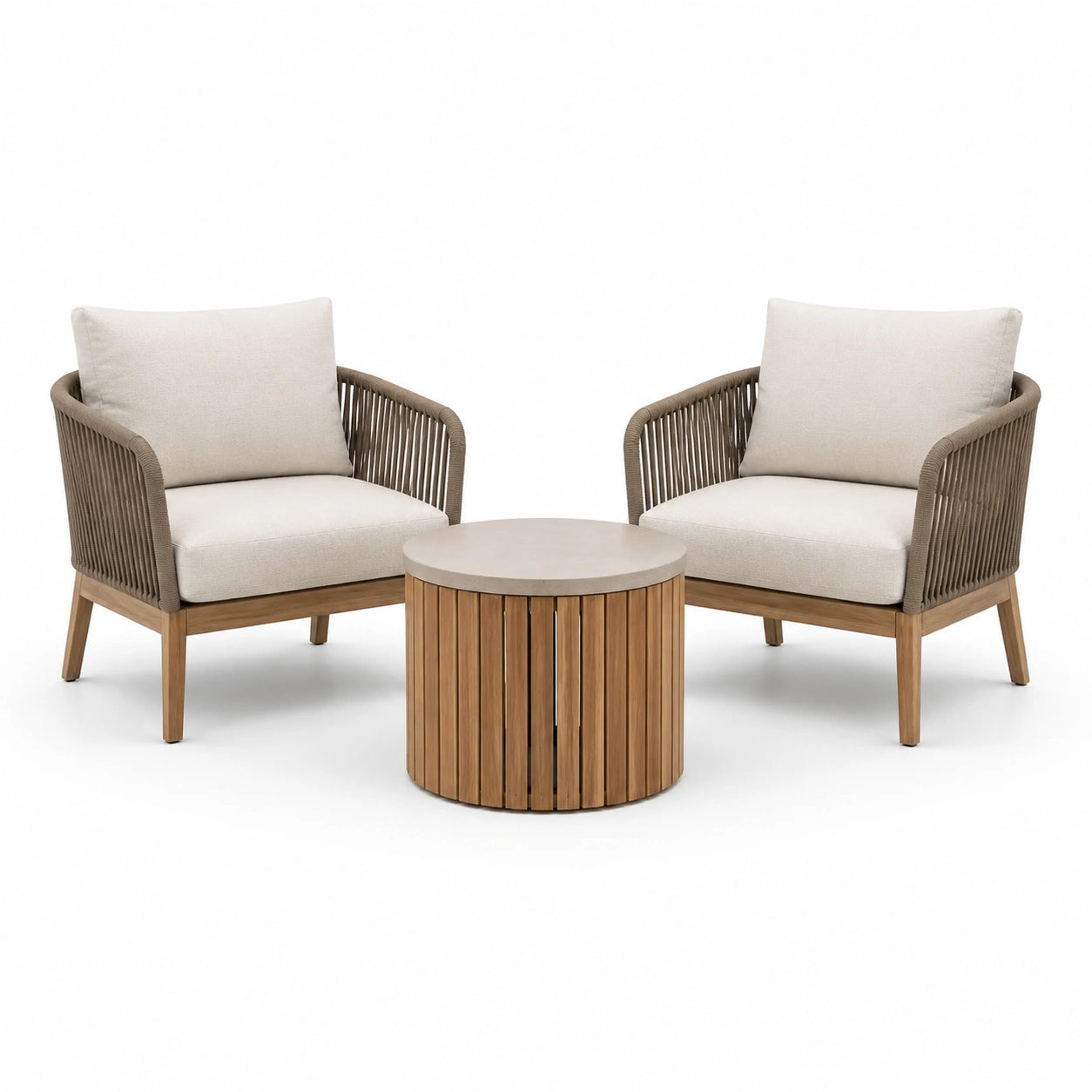 3-teiliges Gartenmöbel-Set mit 2 Sesseln 76 × 78 × 82 cm und Rundtisch Ø 70 × 45 cm, Beige, Taupe und Naturbraun