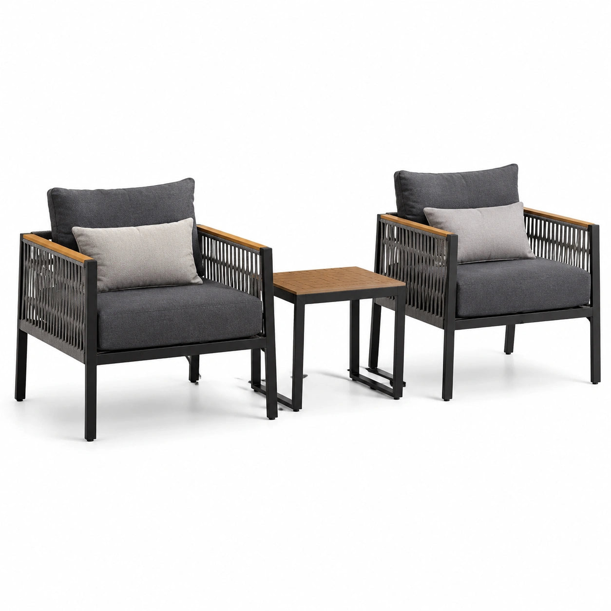 3-teiliges Gartenmöbelset in Schwarz, Grau und Braun – 2 Sessel je 72 × 75 × 78 cm, Tisch 50 × 50 × 45 cm