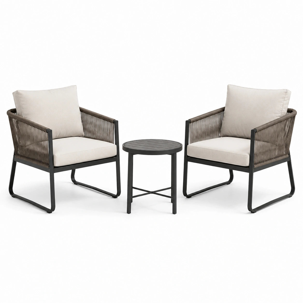 3-teiliges Gartenmöbel-Set mit 2 Sesseln 72 × 75 × 80 cm und rundem Beistelltisch Ø 50 × 50 cm, Braun, Beige und Schwarz