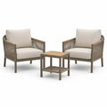 3-teilige Garten-Sitzgruppe in Taupe, Beige und Naturholz – 2 Sessel 73 × 75 × 82 cm und Tisch 45 × 45 × 48 cm