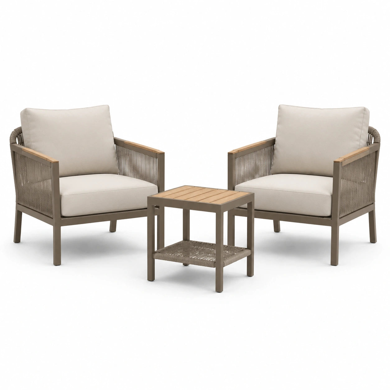 3-teilige Garten-Sitzgruppe in Taupe, Beige und Naturholz – 2 Sessel 73 × 75 × 82 cm und Tisch 45 × 45 × 48 cm