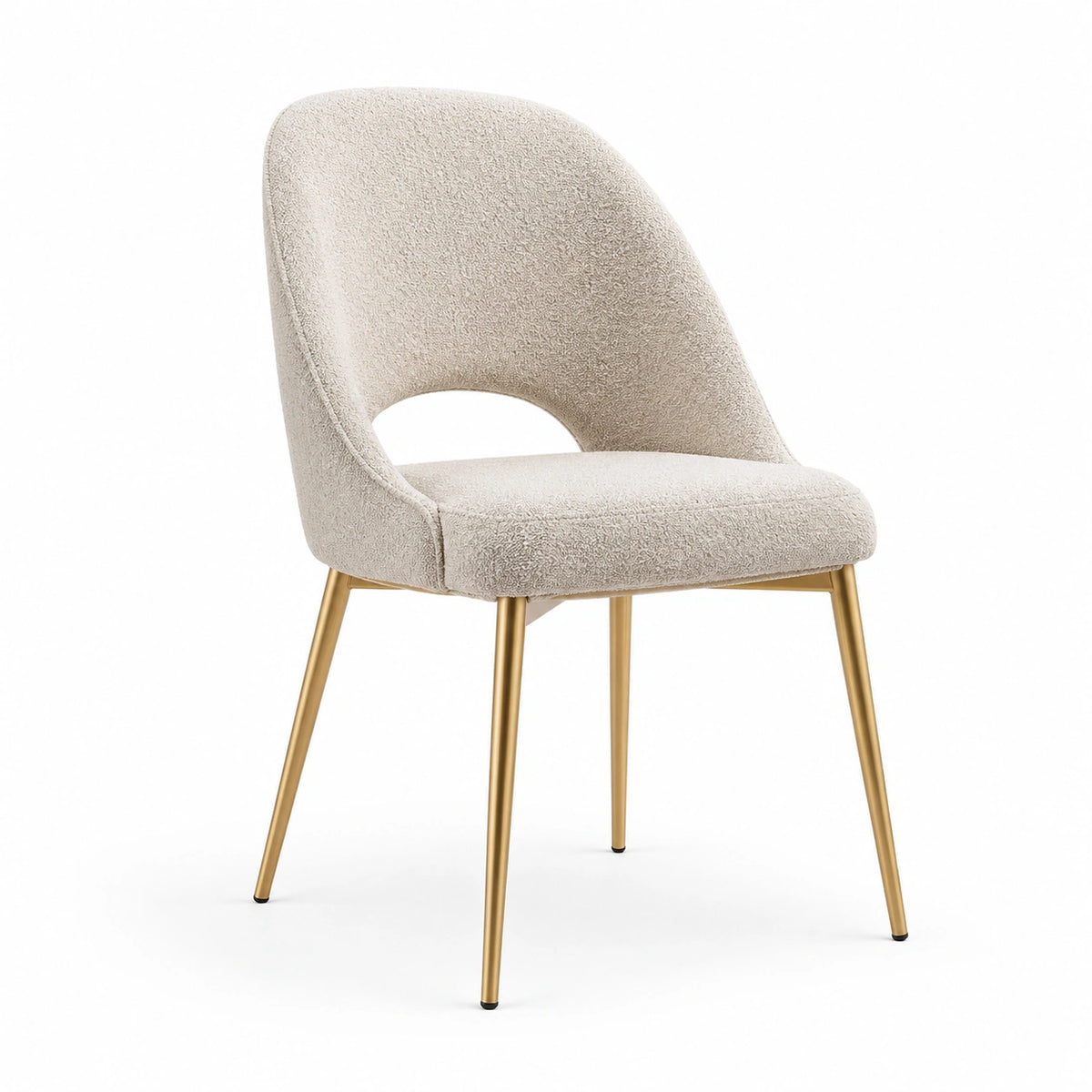 Moderner Bouclé-Esszimmerstuhl in Beige und Gold, gepolstert, 56 × 58 × 82 cm