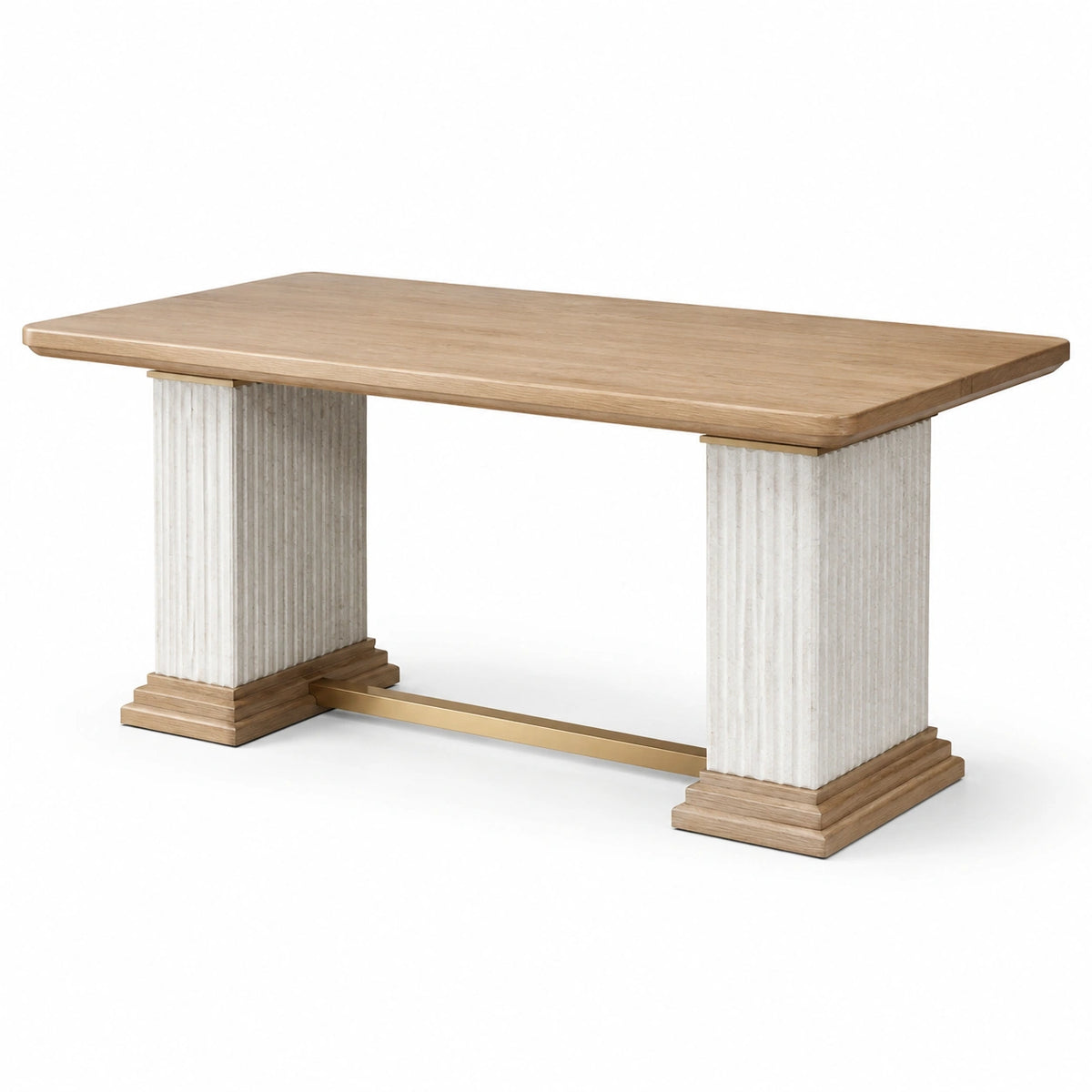 Moderner Säulentisch aus Holzwerkstoff und Metall, Beige, Weiß und Gold, 180 × 90 × 76 cm