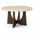 Runder Esstisch mit Steinplatte und Holzgestell, Beige und Dunkelbraun, Ø 120 × H 76 cm