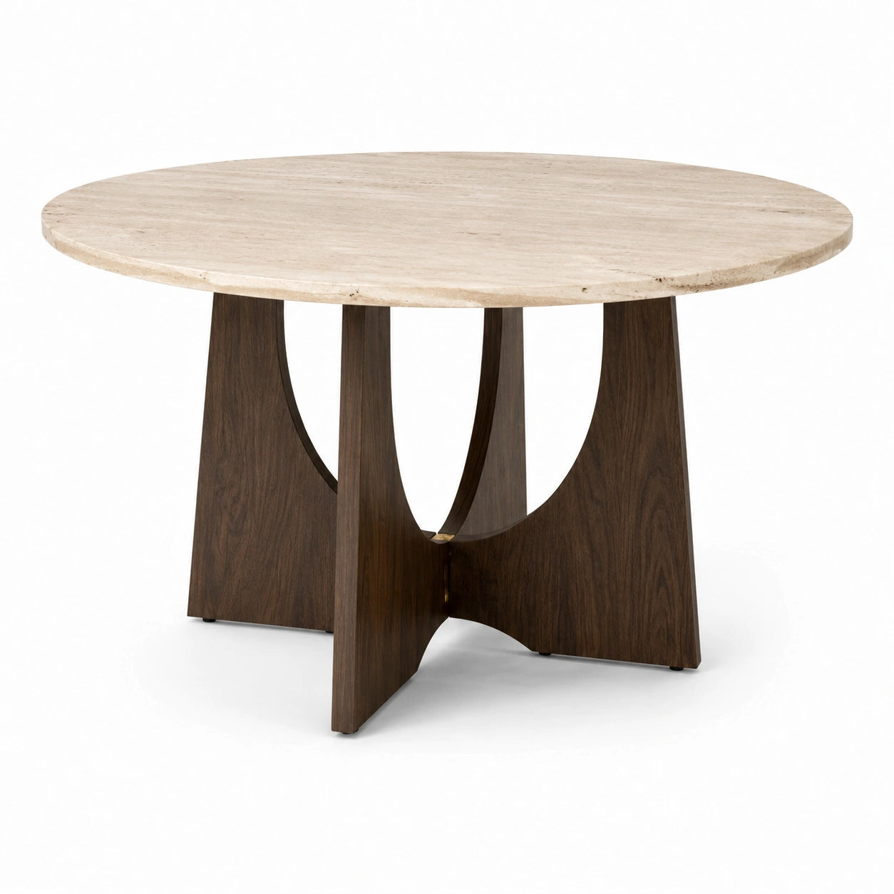 Runder Esstisch mit Steinplatte und Holzgestell, Beige und Dunkelbraun, Ø 120 × H 76 cm