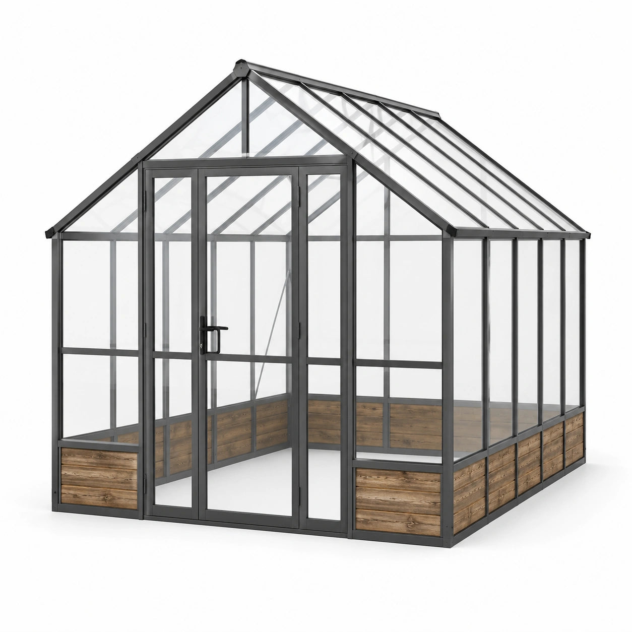Gewächshaus mit Doppeltür und Satteldach, Aluminium, Glas und Holz, 250 × 190 × 220 cm, Anthrazit, Braun und Transparent