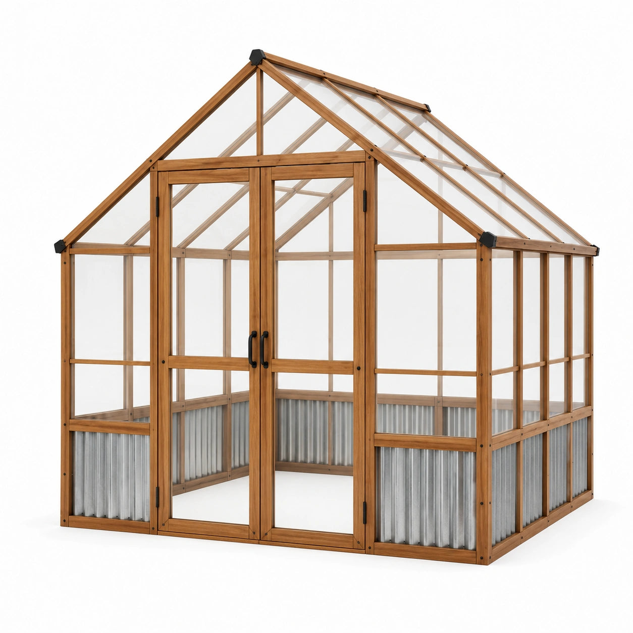 Holzgewächshaus mit Doppeltür und Satteldach, Braun/Transparent/Silber/Schwarz, 190 × 190 × 225 cm