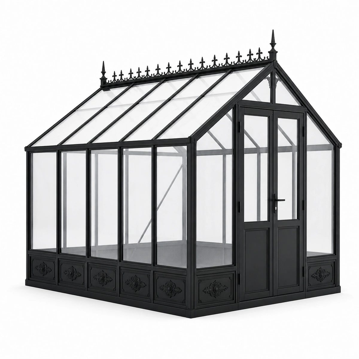 Gewächshaus im viktorianischen Stil mit Doppeltür, 300 × 250 × 260 cm, Metall und Glas, Schwarz/Transparent