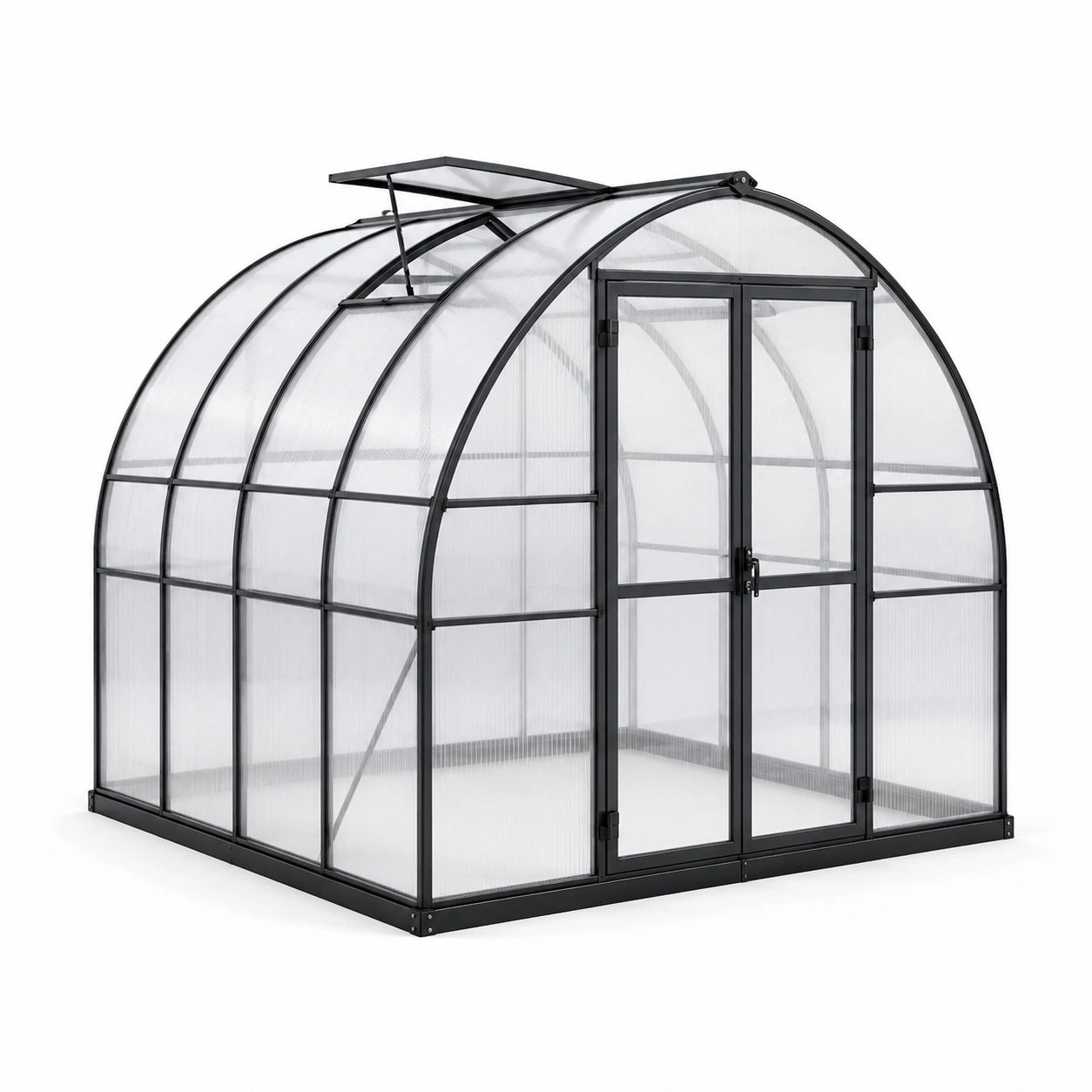 Gewächshaus aus Aluminium und Polycarbonat, 244 × 244 × 227 cm, Schwarz/Transparent, mit Doppeltür und 2 Dachfenstern