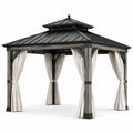 Gartenpavillon 366 × 305 × 310 cm, graues Holzgestell, schwarzes Metalldach und cremefarbene Vorhänge