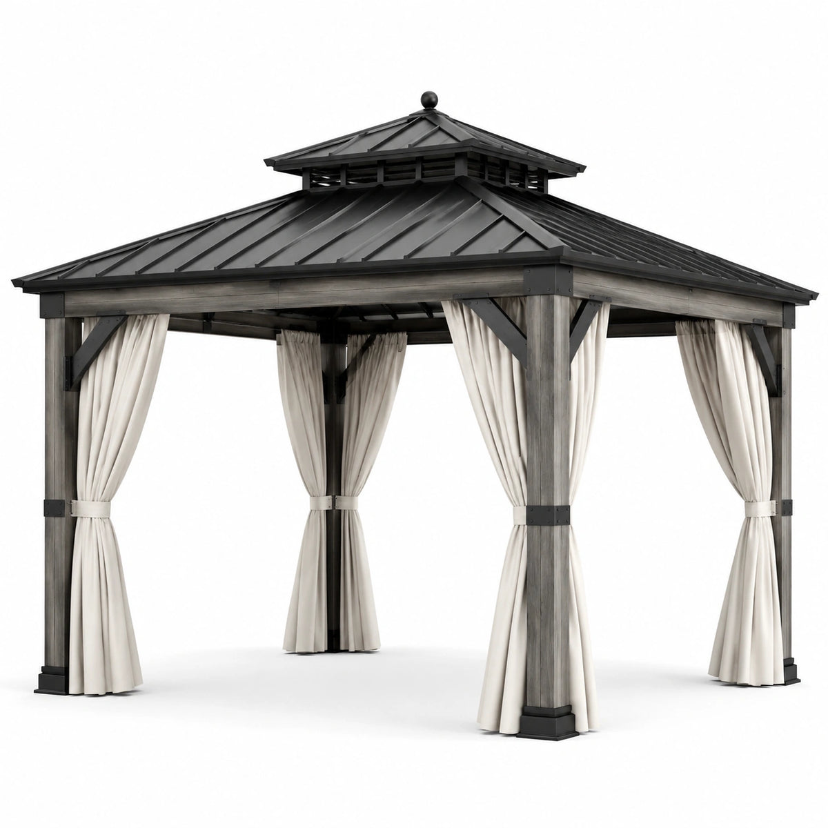 Gartenpavillon 366 × 305 × 310 cm, graues Holzgestell, schwarzes Metalldach und cremefarbene Vorhänge
