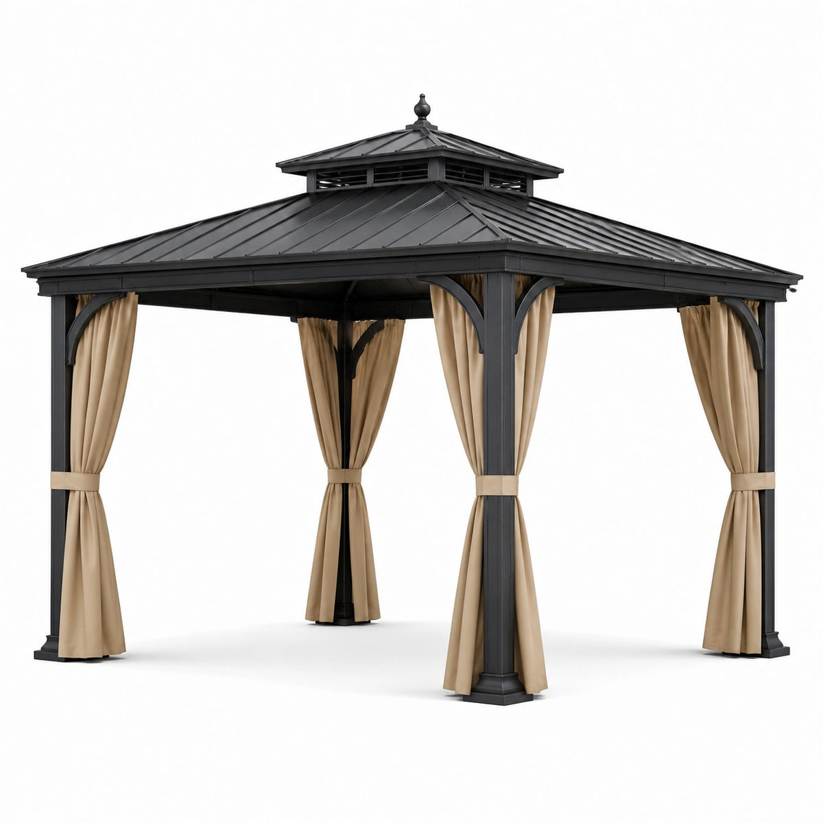 Gartenpavillon mit Festdach und Vorhängen, 300 × 300 × 280 cm, Schwarz und Beige