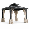 Gartenpavillon 300 × 300 × 280 cm in Schwarz, Beige und Steinbeige mit festem Doppeldach und Vorhängen