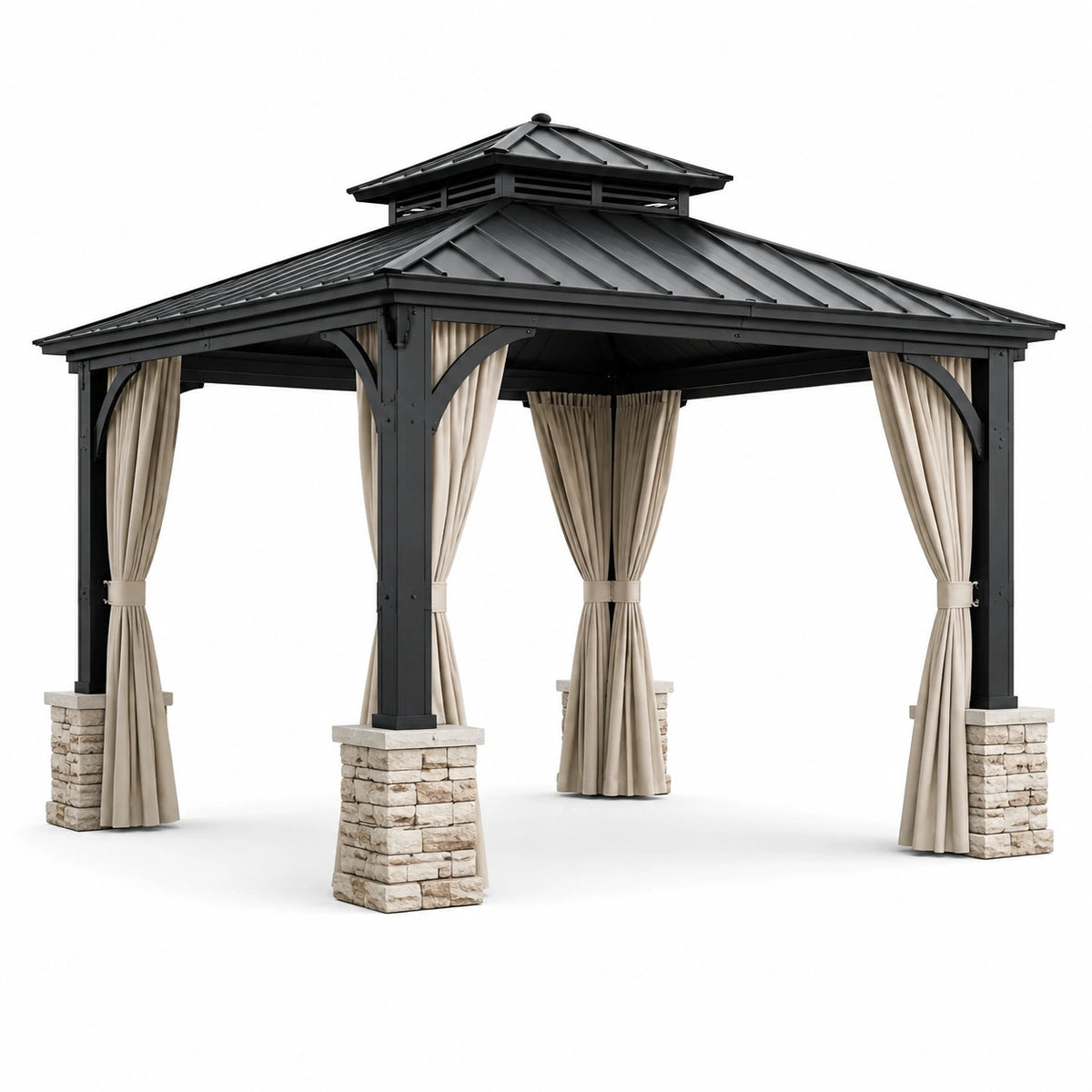 Gartenpavillon 300 × 300 × 280 cm in Schwarz, Beige und Steinbeige mit festem Doppeldach und Vorhängen