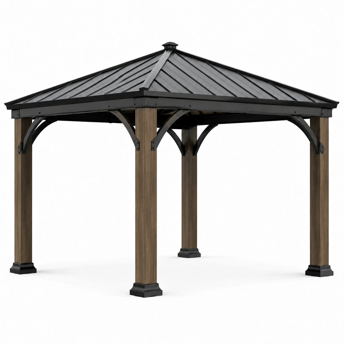 Gartenpavillon aus Holz und Metall mit festem Walmdach, 365 x 305 x 310 cm, Braun/Schwarz