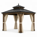 Gartenpavillon mit Hartdach und Vorhängen, 610 × 365 × 310 cm, Braun, Schwarz und Beige
