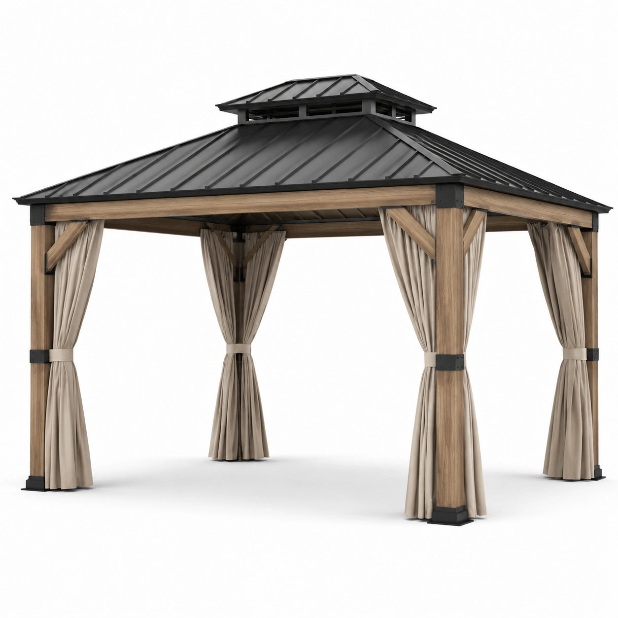 Gartenpavillon aus Holz und Metall mit Vorhängen, 300 × 300 × 280 cm, Naturholz, Anthrazit und Beige