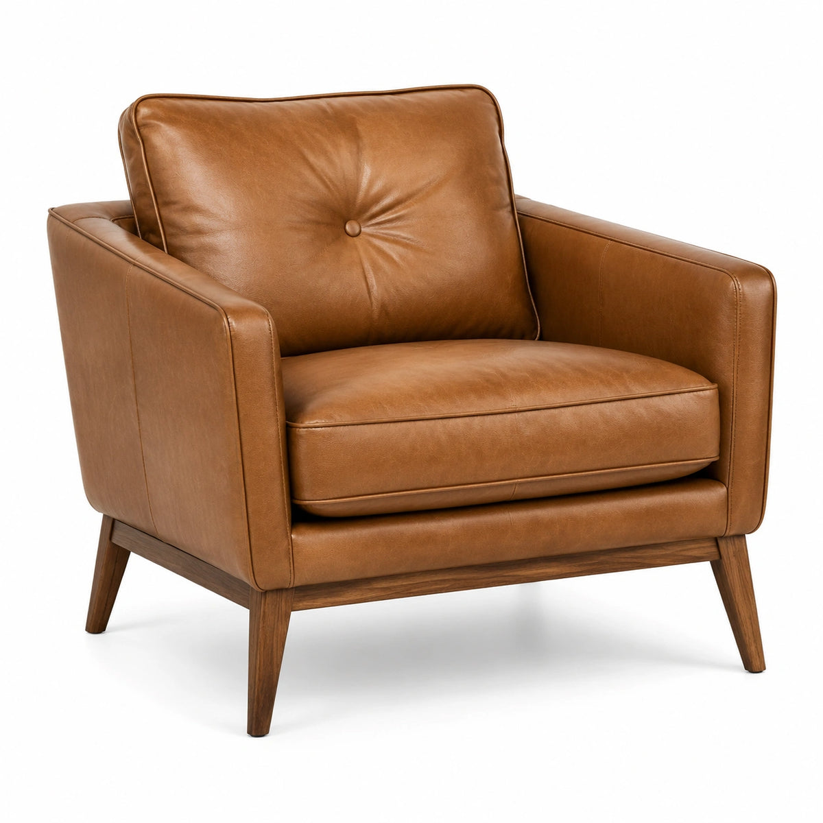 Brauner Ledersessel im Mid-Century-Stil mit dunkelbraunem Holzgestell, 105 × 90 × 85 cm